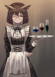 Rule 34 | 1girl, absurdres, apron, arknights, black bow, black bowtie, black dress, bow, bowtie, brown hair, collared shirt, cowboy shot, cup, dress, drinking glass, feather hair, frilled apron, frills, glasses, green eyes, hair between eyes, hair flaps, hand up, highres, holding, holding towel, juliet sleeves, long sleeves, looking away, looking to the side, maid, one eye closed, parted lips, plate, puffy sleeves, semi-rimless eyewear, shirt, short hair, sidelocks, silence (arknights), simple background, solo, standing, towel, white apron, white towel, wine glass, wrist cuffs, yoon cook
