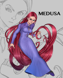 Rule 34 | 1girl, absurdly long hair, absurdres, animification, breasts, character name, cleavage, dress, full body, green eyes, grey background, highres, long hair, marvel, marvel cinematic universe, medusa (marvel), nakasone god, red hair, solo, teeth, very long hair