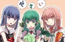 Rule 34 | 3girls, aqua ribbon, black dress, black sleeves, blue eyes, blue hair, blunt bangs, blush, braid, breast pocket, broccoli, carrot, center frills, collared shirt, dress, expressionless, food, frilled shirt, frills, futaba sana, green eyes, green hair, holding, holding carrot, holding food, holding spring onion, holding vegetable, jewelry, kamihama university affiliated school uniform, layered sleeves, lettuce, long hair, long sleeves, looking at viewer, magia record: mahou shoujo madoka magica gaiden, mahou shoujo madoka magica, medium hair, mizuna girls&#039; academy school uniform, multiple girls, name connection, nanami yachiyo, neck ribbon, off-shoulder dress, off shoulder, open mouth, outline, pink background, pink eyes, pink hair, pocket, portrait, purple ribbon, purple shirt, radish, red sailor collar, ribbon, ring, sailor collar, school uniform, serafuku, shirt, short over long sleeves, short sleeves, side braids, sidelocks, speech bubble, spring onion, tamaki iroha, teeth, tomato, totte, translated, twin braids, twintails, upper teeth only, vegetable, wavy hair, white outline, white shirt