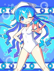 Rule 34 | absurdres, blue background, blue eyes, blue hair, blush, breasts, grin, hand on own hip, hat, highres, ikamusume, long hair, looking at viewer, offbeat, one-piece swimsuit, one eye closed, shinryaku! ikamusume, small breasts, smile, swimsuit, tentacle hair, v, white hat, white one-piece swimsuit