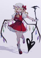 Rule 34 | 1girl, ascot, blonde hair, bow, bow legwear, collared shirt, commentary request, crystal, flandre scarlet, frilled skirt, frilled sleeves, frills, gloves, hat, highres, holding, laevatein (touhou), mary janes, medium hair, mob cap, plumapple3, puffy short sleeves, puffy sleeves, red bow, red eyes, red footwear, red skirt, red vest, shirt, shoes, short sleeves, side ponytail, skirt, skirt set, socks, solo, touhou, vest, white gloves, white hat, white shirt, white socks, wings, yellow ascot