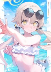 Rule 34 | 1girl, absurdres, bare arms, bare shoulders, bikini, blue archive, blush, breasts, closed mouth, eyewear on head, frilled bikini, frills, halo, hifumi (blue archive), hifumi (swimsuit) (blue archive), highres, light brown hair, long hair, looking at viewer, navel, ocean, official alternate costume, peroro (blue archive), rehu, small breasts, smile, solo, sunglasses, swimsuit, upper body, water, white bikini, yellow eyes, yellow halo