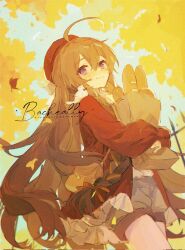 Rule 34 | 1girl, ^ ^, ahoge, animal, animal on shoulder, artist name, autumn, autumn leaves, bacheally, bag, baguette, beret, bird, bird on shoulder, bow, braid, bread, brown bag, brown hair, closed eyes, closed mouth, cowboy shot, day, falling leaves, food, from below, grey shorts, hair between eyes, hair bow, hat, highres, holding, holding bag, jacket, leaf, long hair, long sleeves, looking at viewer, open clothes, open jacket, original, outdoors, paper bag, pink eyes, puffy shorts, red hat, red jacket, sample watermark, shirt, shopping bag, shorts, signature, sky, smile, solo, very long hair, watermark, white shirt