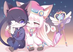 Rule 34 | 2girls, ^ ^, animal ears, black hair, blunt bangs, blush, cat busters, cat ears, cat tail, closed eyes, closed mouth, commentary request, dress, eyepatch, furry, furry female, furry with furry, hairband, heart, jewelry, kirahoshi (cat busters), long hair, long sleeves, multiple girls, myaruru (cat busters), necklace, open mouth, parted lips, pink dress, pink eyes, pink headwear, pleated skirt, purple eyes, pussy, sailor collar, school uniform, scissors, serafuku, shoes, short hair, short sleeves, simple background, skirt, slit pupils, smile, snout, staff, syuya, tail, thought bubble, white background, white hair, yuri