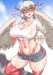 Rule 34 | 1girl, artist request, breasts, character request, crop top, futaba channel, glasses, harpy, highres, large breasts, monster girl, nijiura maids, puffy nipples, see-through, short shorts, shorts, tagme, tight clothes, yabai