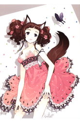 Rule 34 | 1girl, absurdres, animal ears, bare shoulders, blue eyes, braid, breasts, brown hair, bug, butterfly, cleavage, clothes lift, dress, face, flower, fox ears, fox tail, hair flower, hair ornament, highres, insect, long hair, looking up, open mouth, original, pink dress, scan, skirt, skirt lift, smile, solo, tail, tearfish, twin braids