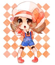Rule 34 | 1girl, blue overalls, brown eyes, checkered background, commentary request, creatures (company), flat chest, game freak, legs apart, long hair, lyra (pokemon), nintendo, open mouth, overalls, pokemon, pokemon hgss, shoes, solo, standing, twintails, white headwear, yukiu (yukiusagi913)