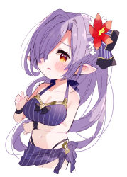 Rule 34 | 1girl, bare shoulders, bikini, blush stickers, breasts, brown eyes, cleavage, collarbone, commentary request, cropped legs, flower, granblue fantasy, hair flower, hair ornament, hair over one eye, harvin, highleg, highleg bikini, highres, long hair, medium breasts, meito (maze), navel, niyon (granblue fantasy), parted lips, pointy ears, purple bikini, purple hair, red flower, simple background, solo, striped bikini, striped clothes, swimsuit, vertical-striped bikini, vertical-striped clothes, very long hair, wavy mouth, white background, white flower
