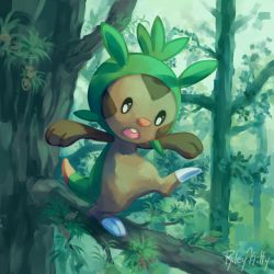 Rule 34 | branch, chespin, commentary, creatures (company), day, english commentary, fang, game freak, gen 6 pokemon, leg up, looking down, nintendo, no humans, open mouth, outdoors, outstretched arms, pokemon, pokemon (creature), rileykitty, signature, solo, standing, standing on one leg, tree