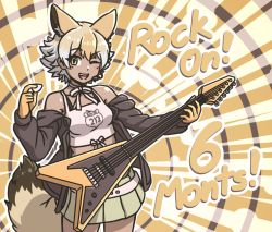 Rule 34 | acesrulez, animal ears, anniversary, bare shoulders, belt, black jacket, blonde hair, blush, choker, commentary, cowboy shot, coyote (kemono friends), electric guitar, extra ears, guitar, instrument, jacket, kemono friends, kemono friends v project, long sleeves, microphone, multicolored hair, off-shoulder jacket, off shoulder, one eye closed, pleated skirt, plectrum, shirt, short hair, skirt, spaghetti strap, tail, virtual youtuber, white belt, white choker, white hair, white shirt, white skirt, wolf ears, wolf tail, yellow eyes