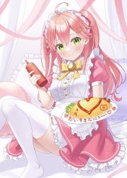 Rule 34 | 1girl, absurdres, ahoge, alternate costume, apron, bell, blush, bottle, bow, bowtie, cat hair ornament, curtains, dress, enmaided, food, frilled apron, frilled dress, frilled pillow, frills, green eyes, hair ornament, highres, holding, holding bottle, holding plate, hololive, ketchup, ketchup bottle, long hair, looking at viewer, maid, maid headdress, neck bell, no shoes, omelet, omurice, on bed, pillow, pink hair, plate, puffy short sleeves, puffy sleeves, sakura miko, short sleeves, sitting, smile, solo, squeeze bottle, thighhighs, tomato, tomozu, translation request, two side up, virtual youtuber