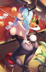 Rule 34 | 1girl, adjusting clothes, adjusting leotard, animal ears, ass, bent over, black hairband, black leotard, black pantyhose, blue eyes, blue hair, bottle, breasts, bulma, card, closed mouth, cue stick, cup, dragon ball, dragon ball (object), drinking glass, fake animal ears, fake tail, from above, from behind, gainoob, hairband, high heels, highres, holding, holding tray, large breasts, leotard, long hair, looking back, on one knee, pantyhose, plant, playboy bunny, playing card, pool table, rabbit ears, rabbit tail, smile, solo, stool, table, tail, thighband pantyhose, tray, wine bottle, wine glass