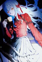 Rule 34 | 1girl, absurdres, ascot, bang dream!, bang dream! it&#039;s mygo!!!!!, black skirt, blue hair, bow, closed mouth, commentary, cup, expressionless, floating hair, hair bow, hair ribbon, highres, holding, holding cup, long hair, long sleeves, looking at viewer, pleated skirt, red ascot, red bow, red ribbon, red shirt, ribbon, shadow, shirt, shoulder strap, skirt, solo, teacup, tianzhongdouyi1, togawa sakiko, yellow eyes