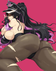 Rule 34 | 1girl, armband, ass, backless outfit, bikini, bikini bottom only, black hair, bnc (bunshi), bodystocking, breasts, fate/grand order, fate (series), fingerless gloves, gloves, hat, large breasts, long hair, looking at viewer, lying, nail polish, peaked cap, pink hair, ponytail, purple nails, sessyoin kiara, sessyoin kiara (swimsuit mooncancer), sessyoin kiara (swimsuit mooncancer) (second ascension), sideboob, solo, swimsuit, thighs, torn clothes, torn legwear, very long hair, yellow eyes