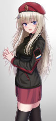 Rule 34 | 1girl, ak74m (girls&#039; frontline), beret, black jacket, black thighhighs, blonde hair, blue eyes, blush, breasts, feet out of frame, girls&#039; frontline, hair ornament, hand on hand, hat, highres, jacket, long hair, looking at viewer, medium breasts, open mouth, original, red skirt, red star, russian flag, russian text, skirt, smile, snowflake hair ornament, solo, standing, star (symbol), thighhighs, uniform, white background, yakob labo