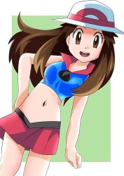 Rule 34 | 1girl, breasts, brown eyes, brown hair, creatures (company), game freak, hainchu, hat, highres, leaf (pokemon), long hair, looking at viewer, nintendo, open mouth, pokemon, pokemon frlg, simple background, sleeveless, smile, solo, white background