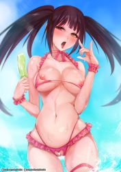 Rule 34 | 1girl, :o, \m/, bikini, black hair, blush, breasts, censored, collarbone, commentary, cowboy shot, crotchless, date a live, day, facing viewer, fellatio gesture, food, frilled bikini, frills, functionally nude, heart, heart censor, hetero, heterochromia, highres, holding, holding food, large breasts, linea alba, long hair, looking at viewer, mosaic censoring, navel, nipple slip, nipples, outdoors, pink bikini, popsicle, pussy, rebe11, red eyes, solo, swimsuit, tokisaki kurumi, tongue, tongue out, twintails, wading, water, wet, yellow eyes