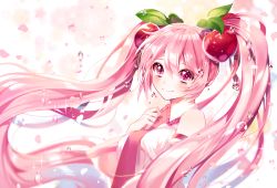 Rule 34 | 1girl, alternate color, alternate costume, alternate eye color, alternate hair color, bare shoulders, blurry, blurry foreground, blush, breasts, cherry, cherry blossoms, close-up, commentary, depth of field, detached sleeves, dew drop, eyelashes, floating hair, floral background, flower, flower-shaped pupils, food, food-themed hair ornament, fruit, hair between eyes, hair ornament, hand on own chest, happy, hatsune miku, highres, iso1206, leaf, long hair, looking at viewer, medium breasts, necktie, petals, pink eyes, pink flower, pink hair, pink necktie, sakura miku, shirt, short bangs, simple background, sleeveless, sleeveless shirt, smile, solo, sparkle, symbol-only commentary, symbol-shaped pupils, twintails, upper body, very long hair, vocaloid, water drop, white background
