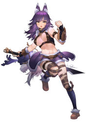 Rule 34 | 1girl, absurdres, animal ear fluff, animal ears, arm belt, arm strap, bandages, bouncing breasts, breasts, cleavage, collar, cygames, fur-trimmed shorts, fur trim, highres, large breasts, leg belt, looking at viewer, makoto (princess connect!), metal collar, open mouth, princess connect!, purple hair, purple shorts, shorts, solo, sword, tail, weapon, wingure, wolf ears, wolf girl, wolf tail