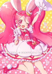 Rule 34 | 10s, 1girl, ;d, animal ears, arm up, bow, cake hair ornament, choker, copyright name, cure whip, dress, earrings, extra ears, food-themed hair ornament, frills, gloves, gradient background, hair ornament, hairband, heart, high heels, jewelry, kirakira precure a la mode, long hair, looking at viewer, magical girl, one eye closed, open mouth, pink background, pink bow, pink choker, pink eyes, pink footwear, pink hair, pink hairband, pom pom (clothes), pom pom earrings, precure, rabbit ears, shoes, smile, solo, sparkle, standing, standing on one leg, tsuru ringo, twintails, usami ichika, v, white dress, white gloves, yellow background