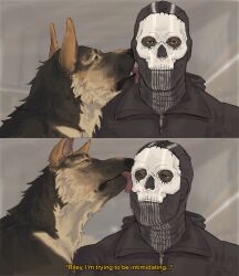 Rule 34 | 1boy, animal, black jacket, blurry, blurry background, call of duty, call of duty: modern warfare 2, dog, english text, ghost (modern warfare 2), highres, hood, hood down, hooded jacket, jacket, licking, licking another&#039;s face, male focus, mask, roachp0t, simple background, skull mask, tongue, tongue out