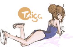 Rule 34 | 1girl, aisaka taiga, big hair, brown eyes, brown hair, character name, competition school swimsuit, double bun, flip-flops, frown, lying, on stomach, one-piece swimsuit, panties (pantsu-pirate), sandals, school swimsuit, solo, swimsuit, toradora!