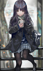 Rule 34 | 1girl, bag, black footwear, black hair, black jacket, black pantyhose, blue skirt, blue sweater, blurry, blurry background, cellphone, commentary request, depth of field, expressionless, green eyes, green scarf, highres, holding, holding phone, jacket, long hair, long sleeves, looking at viewer, on railing, open clothes, open jacket, original, outdoors, pantyhose, parted lips, phone, plaid, plaid scarf, pleated skirt, railing, ran&#039;ou (tamago no kimi), scarf, school bag, shiny clothes, shoes, skirt, sleeves past wrists, smartphone, solo, sweater