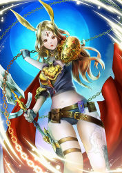 Rule 34 | &gt;:(, 1girl, animal ears, armor, asymmetrical legwear, belt pouch, black panties, blonde hair, breasts, brown hair, cape, chain, choker, cowboy shot, crop top, elbow pads, frown, full moon, gold, gradient hair, holding, holding sword, holding weapon, holster, lipstick, long hair, longjunt, looking at viewer, makeup, moon, multicolored hair, navel, original, panties, parted lips, pauldrons, pouch, red eyes, red lips, shoulder armor, small breasts, solo, sword, thigh holster, underwear, uneven legwear, v-shaped eyebrows, weapon