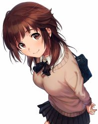 Rule 34 | 1girl, amagami, arms behind back, asada hachi, bag, blush, bow, bowtie, breasts, brown eyes, brown hair, buttons, closed mouth, commentary request, long sleeves, looking at viewer, medium breasts, pleated skirt, sakurai rihoko, school bag, school uniform, shirt, simple background, skirt, smile, solo, sweater, white background, white shirt