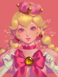 Rule 34 | 1girl, artist name, bellhenge, blonde hair, blue eyes, bow, braid, crown, dress, earrings, gloves, jewelry, lips, long hair, looking at viewer, mario (series), new super mario bros. u deluxe, nintendo, open mouth, peachette, pink background, pink dress, puffy sleeves, smile, solo, sparkle, super crown, twin braids, twintails