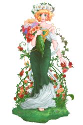 Rule 34 | 1990s (style), 1girl, barefoot, bouquet, brooch, curly hair, dress, flower, full body, grass, green eyes, hair flower, hair ornament, head wreath, hououji fuu, ispan, jewelry, leaf, magic knight rayearth, official alternate costume, orange hair, plant, retro artstyle, rose, shawl, short hair, smile, solo, vines