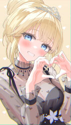 Rule 34 | 1girl, 2girls, absurdres, black dress, blonde hair, blue eyes, blush, breasts, commentary, dress, heart, heart hands, highres, hololive, hololive english, large breasts, long hair, looking at viewer, mao (mawodec), multiple girls, ponytail, see-through, see-through dress, see-through sleeves, short dress, sleeveless, sleeveless dress, smile, solo, symbol-only commentary, tiara, virtual youtuber, watson amelia, watson amelia (party dress)