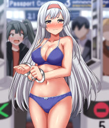 Rule 34 | 1boy, 2girls, absurdres, blue bra, blue panties, blurry, blurry background, blush, bra, breasts, brown eyes, cleavage, commentary request, commission, cowboy shot, cuffs, fare gate, hairband, handcuffs, highres, kantai collection, large breasts, long hair, multiple girls, nose blush, panties, pixiv commission, public indecency, shoukaku (kancolle), solo focus, standing, tears, translation request, underwear, underwear only, white hair, zanntetu, zuikaku (kancolle)