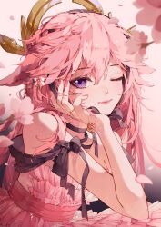 Rule 34 | 1girl, alternate costume, animal ears, artist name, bare shoulders, black ribbon, closed mouth, dress, floppy ears, fox ears, frilled dress, frills, genshin impact, hair between eyes, hand on own cheek, hand on own face, highres, jewelry, long hair, looking at viewer, one eye closed, pink dress, pink hair, pink nails, purple eyes, ribbon, ring, solo, strapless, strapless dress, upper body, yae miko, yeurei