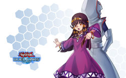 Rule 34 | 2girls, ankh, bracelet, brown eyes, card, choker, copyright name, dark-skinned female, dark skin, dress, dual persona, egyptian clothes, hair tubes, hexagon, highres, holding, holding card, jewelry, long sleeves, multiple girls, off-shoulder dress, off shoulder, prana (yu-gi-oh!), purple dress, sera (yu-gi-oh!), tamagokake candy, wide sleeves, yu-gi-oh!, yu-gi-oh! duel links, yu-gi-oh! the dark side of dimensions
