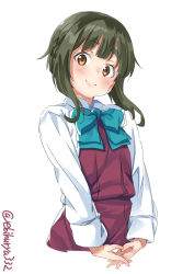Rule 34 | 1girl, aqua neckwear, blush, bow, brown eyes, closed mouth, dress, ebifurya, green hair, highres, interlocked fingers, kantai collection, long sleeves, looking at viewer, school uniform, shirt, short hair with long locks, simple background, smile, solo, takanami (kancolle), thick eyebrows, twitter username, white background, white shirt