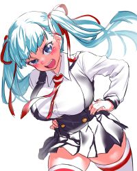 Rule 34 | 1girl, aqua hair, blue eyes, blush, breasts, buttons, character request, copyright request, hair ribbon, hand on own hip, large breasts, long hair, looking at viewer, necktie, onsoku inu, open mouth, ribbon, school uniform, sketch, skirt, solo, thighhighs, twintails