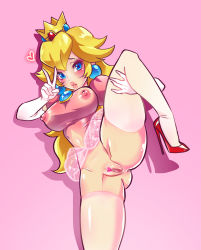 Rule 34 | 1girl, absurdres, anus, bottomless, breasts, censored, clothing cutout, covered erect nipples, cowboy shot, female focus, freakylucky, high heels, highres, leg lift, mario (series), navel cutout, nintendo, nipple cutout, nipples, pointless censoring, princess peach, pussy, shoes, solo, spread legs, standing, super mario bros. 1, thighhighs, thighs, tutu, v