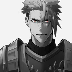 Rule 34 | 1boy, achilles (fate), armor, fate/apocrypha, fate (series), haruakira, highres, looking at viewer, lower teeth only, male focus, mature male, monochrome, open mouth, portrait, red eyes, ribbed shirt, shirt, short hair, sideburns, simple background, solo, spot color, straight-on, teeth, undercut