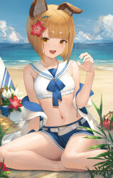Rule 34 | 1girl, :d, absurdres, animal, animal ear fluff, animal ears, bare shoulders, beach, bikini, blonde hair, blue shorts, blue sky, breasts, brown eyes, cg (2686805355), cloud, collarbone, commentary request, day, drawstring, erune, flower, granblue fantasy, hair flower, hair ornament, hand up, hermit crab, highres, jacket, looking at viewer, navel, ocean, off shoulder, open clothes, open jacket, open mouth, outdoors, puffy short sleeves, puffy sleeves, red flower, sand, short hair, short shorts, short sleeves, shorts, sitting, sky, small breasts, smile, solo, swimsuit, vajra (granblue fantasy), water, white bikini, white flower, white jacket, yokozuwari