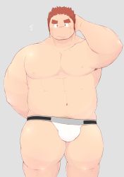 Rule 34 | 1boy, 3c pan (izumipan3), absurdres, arm behind head, bara, belly, brown hair, bulge, facial hair, facial scar, fat, fat man, feet out of frame, tamamura gunzo, highres, jockstrap, large pectorals, looking at viewer, male focus, male underwear, muscular, muscular male, navel, navel hair, nipples, pectorals, scar, scar on cheek, scar on face, scar on nose, short hair, sideburns, solo, stomach, stubble, thick eyebrows, thick thighs, thighs, tokyo houkago summoners, topless male, underwear, underwear only, walking, white male underwear