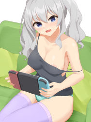 Rule 34 | 1girl, areola slip, bare shoulders, blue eyes, blue panties, blush, bottomless, breasts, cleavage, couch, covered erect nipples, eyelashes, grey tank top, hair between eyes, highres, kantai collection, kashima (kancolle), large breasts, long hair, looking at viewer, nintendo switch, no bra, on couch, open mouth, panties, playing games, purple thighhighs, shichini, shiny clothes, shiny skin, sideboob, silver hair, simple background, sitting, solo, tank top, thighhighs, thighs, tongue, twintails, underwear, wavy hair, wavy mouth, white background