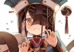Rule 34 | 1girl, @ @, bare shoulders, black hair, blue headwear, breasts, bridal gauntlets, brown eyes, chinese clothes, doll, fate/grand order, fate (series), flying sweatdrops, hair ornament, hair over one eye, hairpin, hat, highres, holding, holding doll, long sleeves, mole, mole under eye, open mouth, orb, reijou, robe, short hair, small breasts, tearing up, white robe, wide sleeves, xu fu (fate), yu mei-ren (fate)