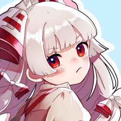 1girl blush bow closed_mouth commentary_request frown fujiwara_no_mokou hair_bow highres long_hair mokoiscat ofuda ofuda_on_clothes red_eyes shirt simple_background solo suspenders touhou upper_body white_bow white_hair