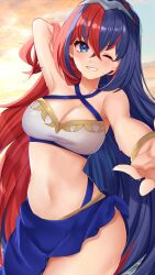 Rule 34 | 1girl, alear (female) (fire emblem), alear (fire emblem), arm up, armpits, bare arms, bare shoulders, bikini, blue hair, breasts, cleavage, commentary request, cowboy shot, criss-cross halter, edamameoka, fire emblem, fire emblem engage, halterneck, highres, large breasts, long hair, multicolored hair, navel, nintendo, official alternate costume, red hair, sarong, solo, split-color hair, standing, stomach, streaked hair, swimsuit, very long hair