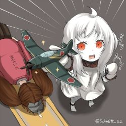 Rule 34 | 10s, 2girls, abyssal ship, ahoge, aircraft, airplane, arm up, bare shoulders, barefoot, clenched hand, colored skin, dress, emphasis lines, flight deck, from above, gloves, kantai collection, long hair, looking at viewer, looking up, mittens, multiple girls, northern ocean princess, open mouth, pale skin, ryuujou (kancolle), sparkle, ^^^, translated, twitter username, visor cap, white dress, white gloves, white hair, white skin, yakob labo