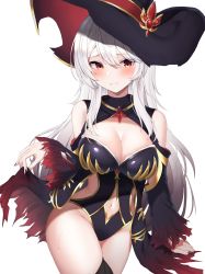Rule 34 | 1girl, absurdres, bare shoulders, black hat, black leotard, black nails, blush, breasts, cleavage, cleavage cutout, closed mouth, clothing cutout, commission, cowboy shot, futon fly away, hat, highres, indie virtual youtuber, large breasts, large hat, leotard, long hair, long sleeves, looking at viewer, mizuz, nail polish, navel, navel cutout, pixiv commission, red eyes, silver hair, simple background, smile, solo, thighhighs, thighs, virtual youtuber, white background, witch hat