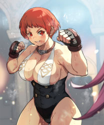 Rule 34 | 1girl, bare arms, bare shoulders, boxers, boxing, boxing gloves, breasts, bruise, bruise on face, catfight, female focus, fighting stance, fingerless gloves, fire emblem, fire emblem: three houses, gloves, highres, injury, jewelry, large breasts, leonie pinelli, leotard, light, looking at viewer, male underwear, mixed martial arts, mma gloves, muscular, muscular female, necklace, nintendo, norbon, orange hair, red eyes, red hair, scar, scar on face, short hair, smile, solo, sweat, thick thighs, thighs, underwear, wide hips