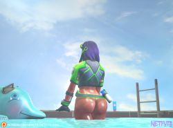 Rule 34 | 1girl, ass, blue sky, dark-skinned female, dark skin, female focus, from behind, gloves, inflatable dolphin, inflatable toy, mexico, overwatch, overwatch 1, patreon username, pool, pool ladder, purple hair, sky, snorkel, solo, sombra (overwatch), swimsuit, tagme