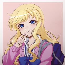 Rule 34 | 1girl, artist request, bag, blonde hair, blue bag, blue bow, blue eyes, blush, bow, candy, collarbone, collared shirt, commentary request, food, highres, holding, idolmaster, idolmaster cinderella girls, idolmaster cinderella girls starlight stage, in mouth, lollipop, long hair, long sleeves, looking at viewer, nail polish, ohtsuki yui, pink background, pink nails, shirt, simple background, solo, sweater, two-tone background, white shirt
